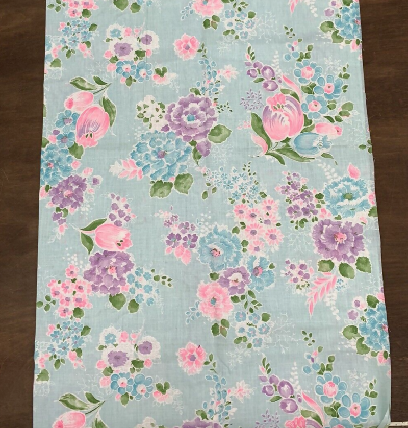 Vintage 60s 70s Retro Icy Blue Floral Pink Purple White Fabric Remnant 30"x35"