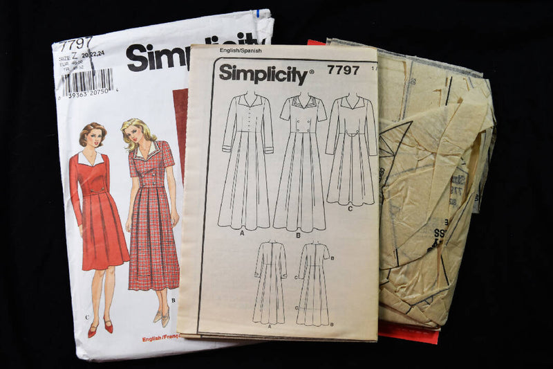 Vintage 1990 Simplicity 7797 Sewing Pattern - Sizes 20 - Miss Petite Dress - Pleated, V-Neckline