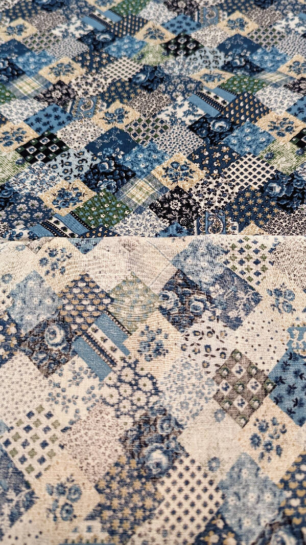 Vintage Blue Patchwork Floral Cotton Woven Fabric 44"W -1 3/4 yd