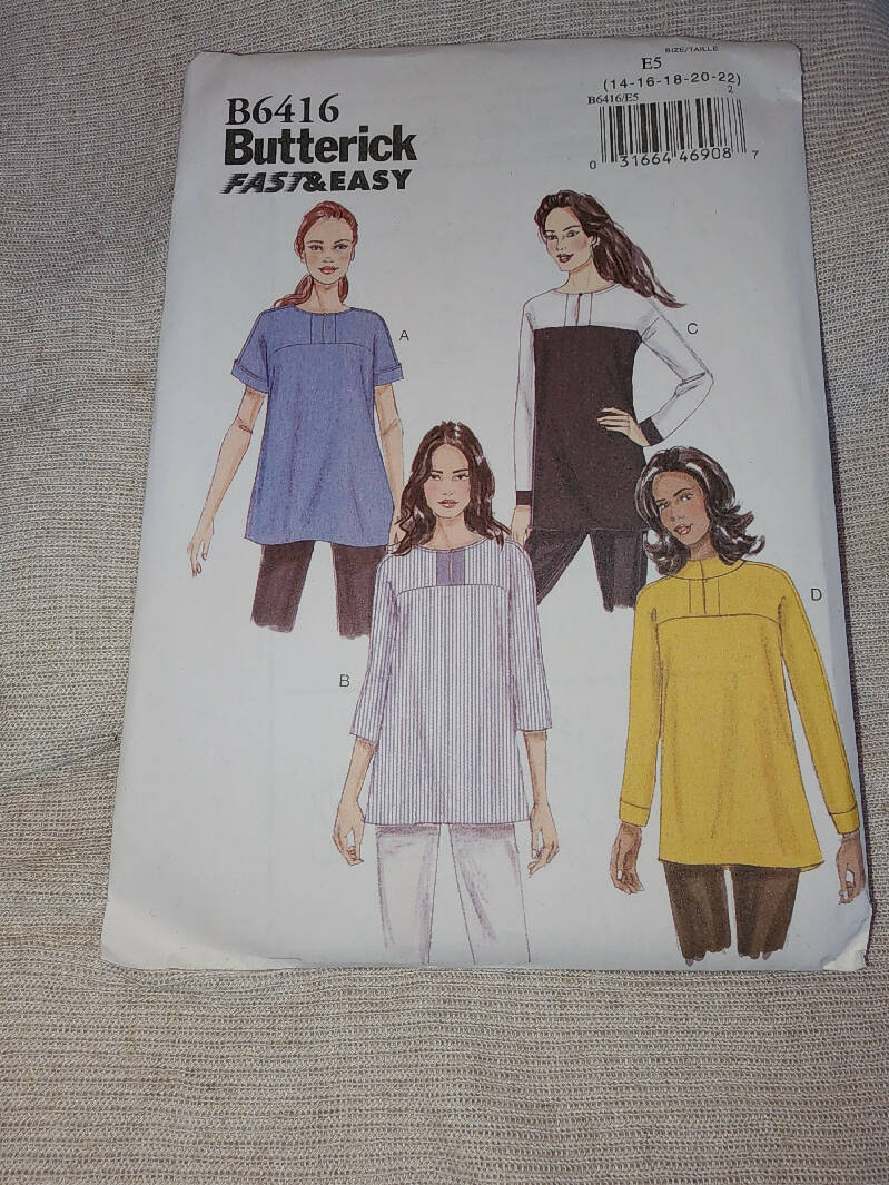 Butterick 6416 - Misses Tunic, UC/FF, SZ 14-22