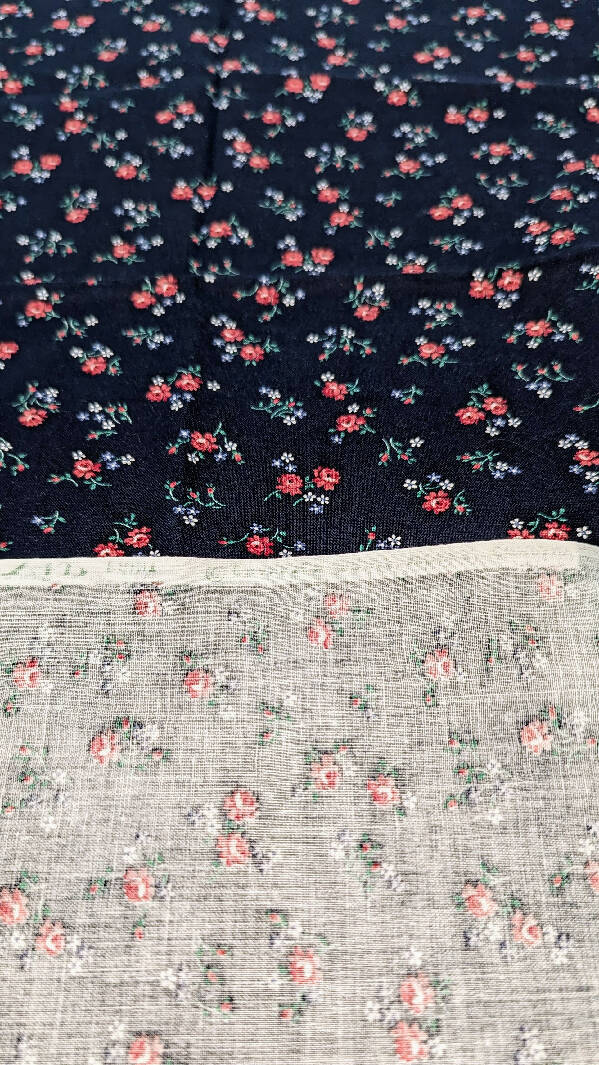 Vintage Navy Blue Red Rose Ditsy Floral Print Cotton Woven Fabric 44"W - 1 yd