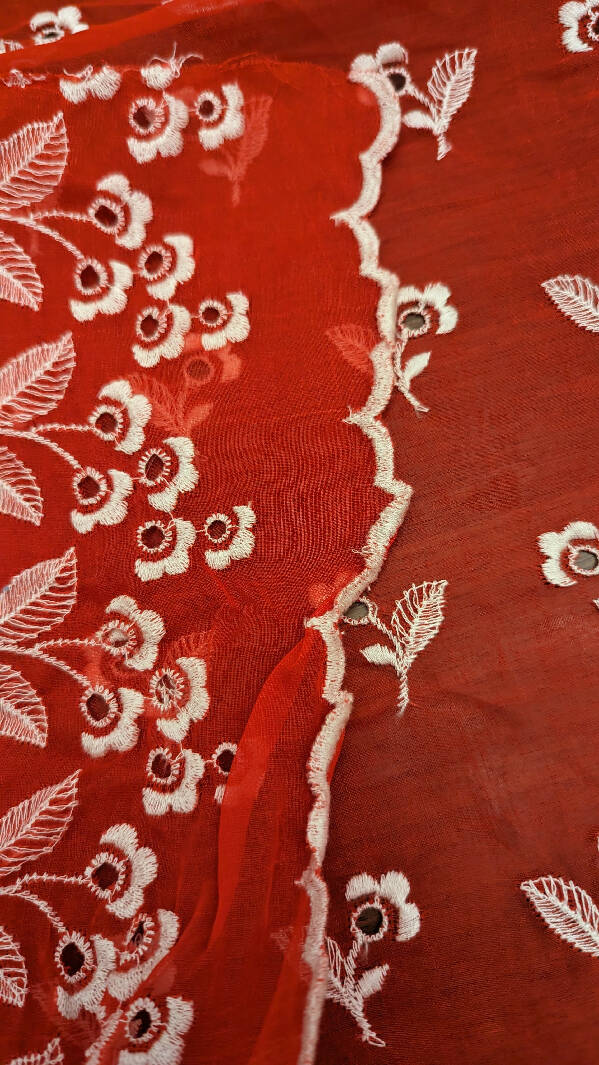 Vintage Red/White Embroidered Eyelet Organdy Woven Fabric 34"W - 3 3/4 yds+