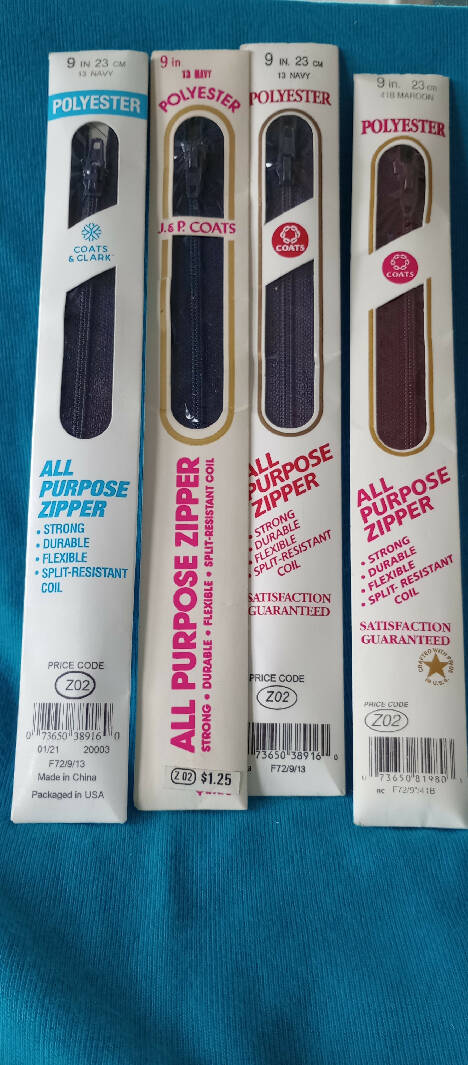Zippers, 9", Lot of 4