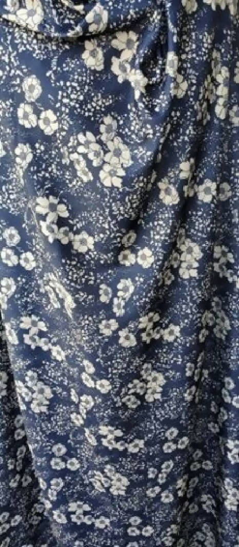 French Blue Polyester Stretch Floral Fabric