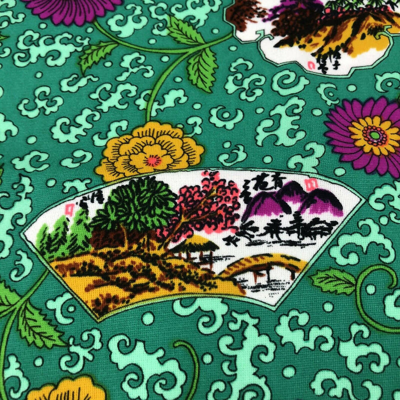 Vintage 70s Jade Emerald Green Asian Vignette Floral Polyester Fabric 64" wide