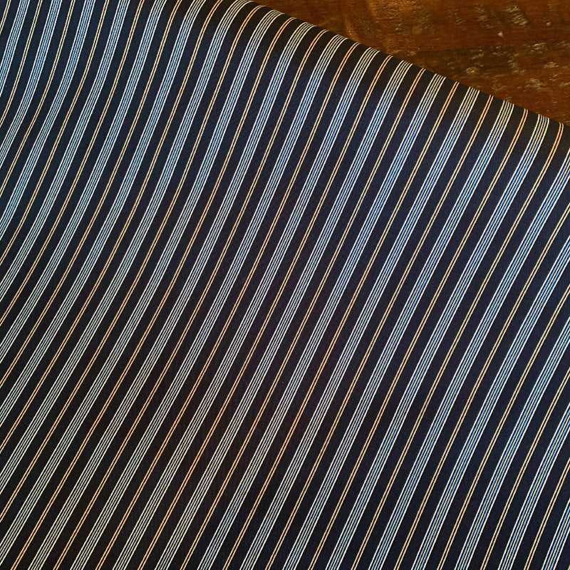 Navy Blue with Baby Blue, Tan and White Stripes Cotton - Yardage