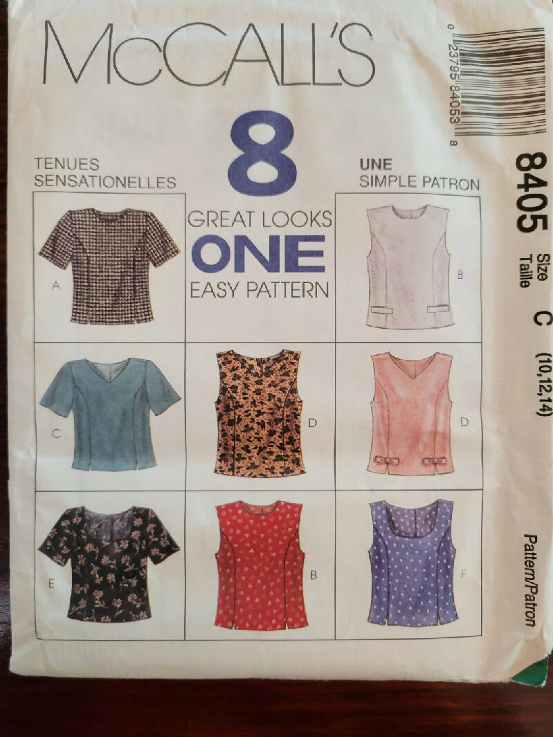 McCalls 8405 Misses Sizes 10, 12, & 14, for 8 different woven tops, UC/FF