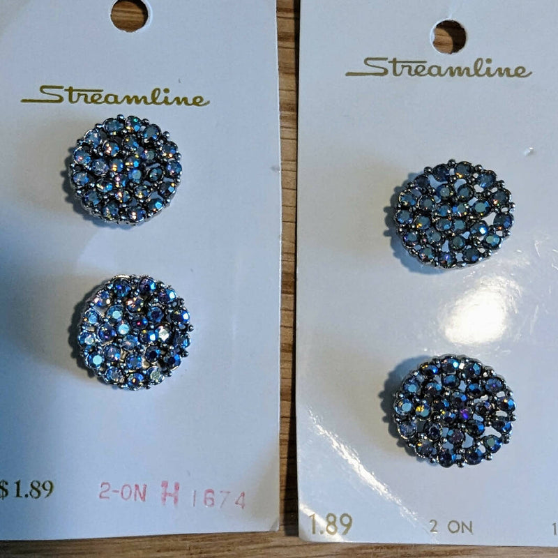 Vintage Streamline Pale Blue Rhinestone Round Shank Buttons - Lot of 4