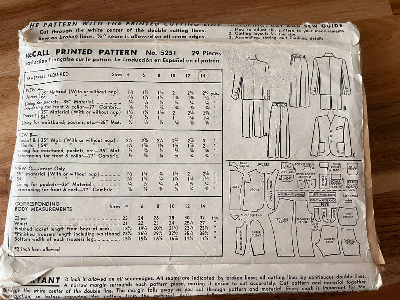 1940s McCall Boys Suit Pattern Size 14