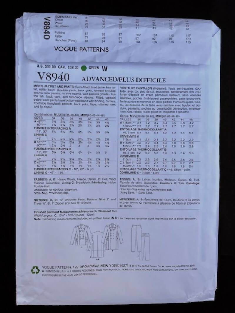 VOGUE V8940 Men’s Jacket and Pant (40-42-44-46)