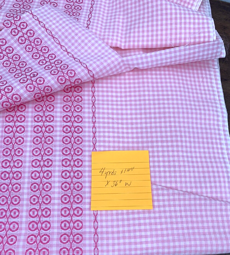 Vintage 50s/60s Gingham Fabric Pink White Check w/Woven Border Barbie 4 yrds+14"x36"