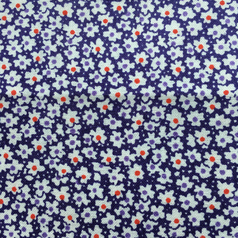 SOLD NOT AVAILABLE FABRIC White Flowers with Red & Lilac Center on Purple 1.44 yd