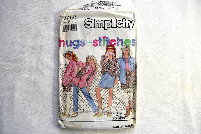 Vintage 1990 Simplicity 9790 Girls Pants, Shorts, Skirts, Shirt, Lined Vest Sewing Pattern UNCUT - Sizes 7, 8, 10, 12, 14 - Hugs + Stitches