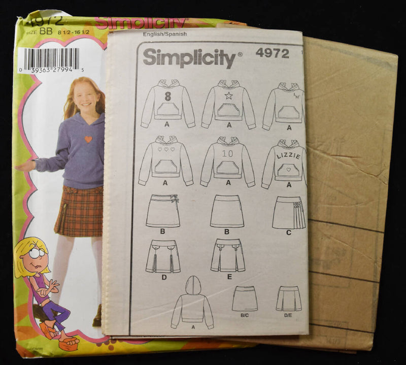 2004 Simplicity 4972 UNCUT Lizzie McGuire Girls Plus Skirts and Knit Top Sewing Pattern - Sizes 8 1/2, 10 1/2, 12 1/2, 14 1/2, 16 1/2