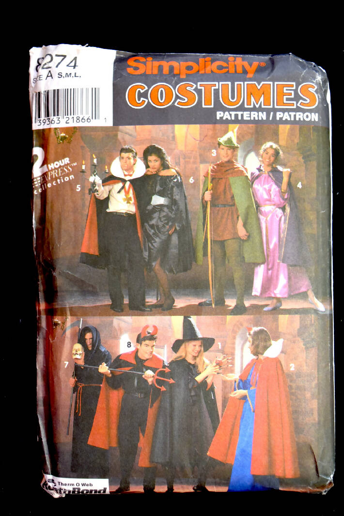 Vintage 1990 Simplicity 8274 Costume Sewing Pattern UNCUT - Sizes S, M, L - Maid Marion, Vampire, Robin Hood, Dracula, Devil, Grim Reaper