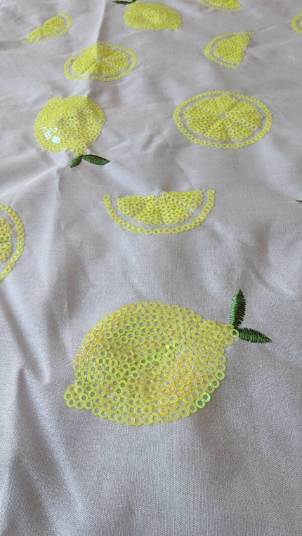 Pale Blue w/ Sequined & Embroidered Lemon Appliques Cotton Woven Shirting 60"W - 5 yds