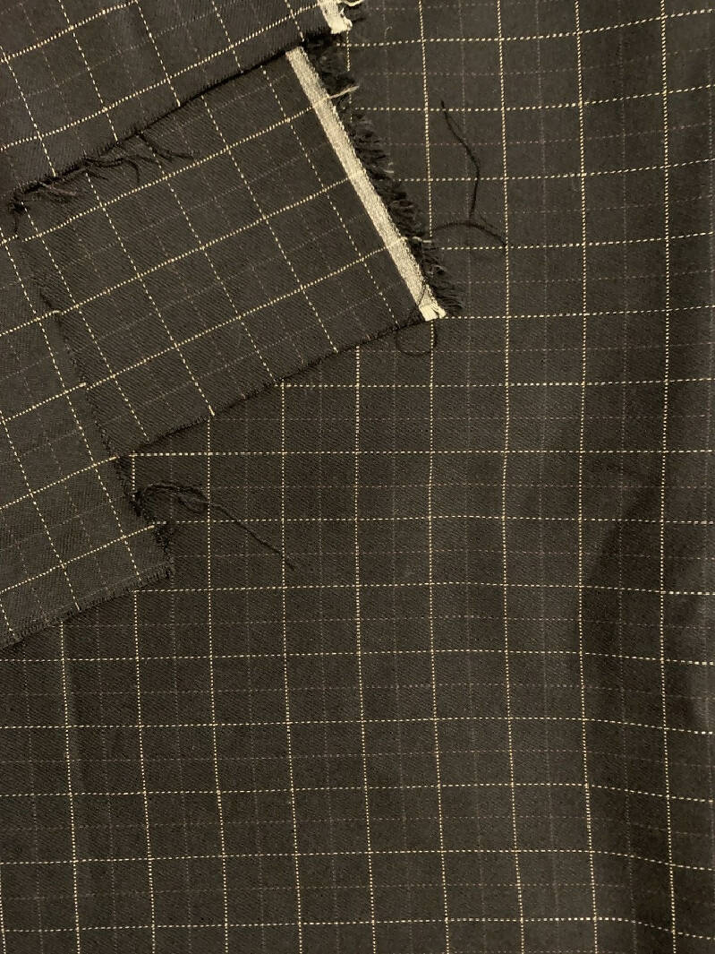 Wool blend, stretch, suiting, windowpane plaid, black/white/brown, 3 yds, 46" wide