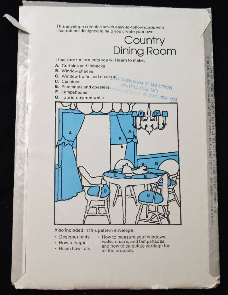 Vintage 1979 - Simplicity 106 House Country Dining Room - Curtains, Window Shades, Cushions, Placemats, Lampshades, Fabric-Covered Walls