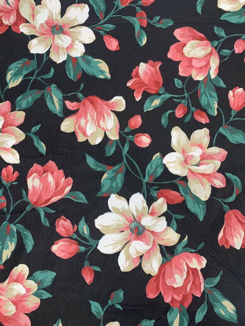 Vintage Concord Fabrics Black Floral Polished Cotton Fabric Chintz 5 YRDS +15”