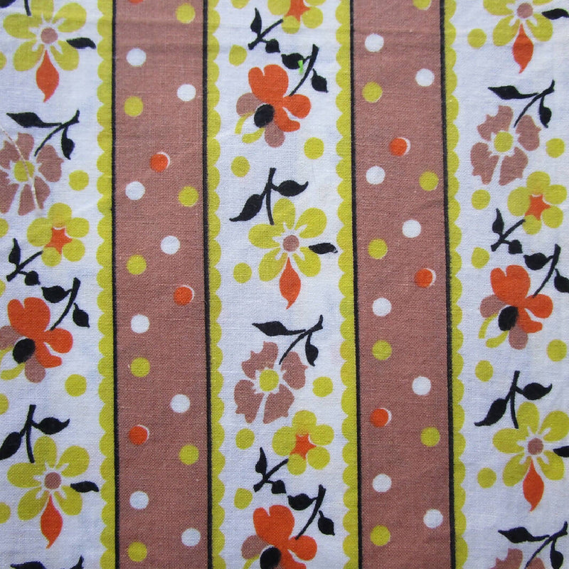 Vintage Cotton Fabric, Brown Floral Stripes, 7 Pieces