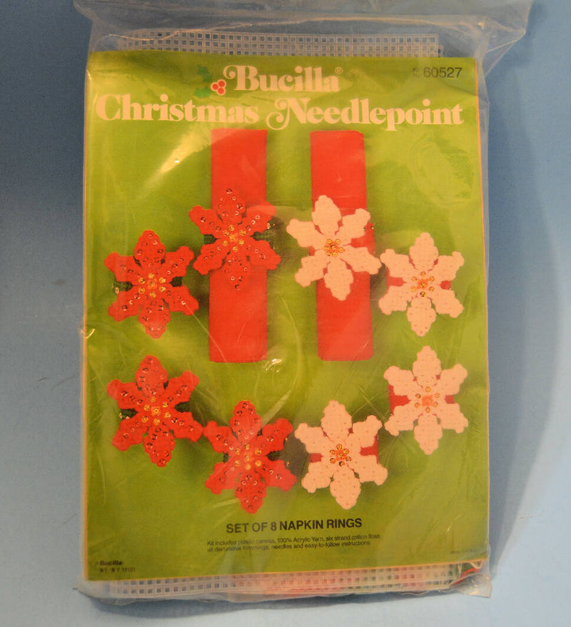NOS Bucilla Christmas Needlepoint Napkin Rings Kit Snowflakes Red/White 