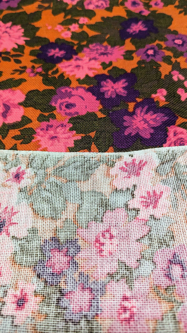 Vintage Orange/Pink/Purple Retro Floral Print Cotton Canvas Fabric 44"W - 2 1/2 yds
