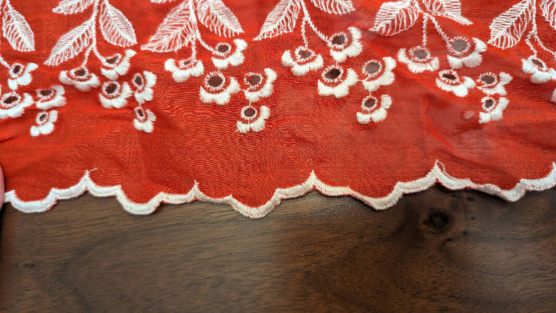 Vintage Red/White Embroidered Eyelet Organdy Woven Fabric 34"W - 3 3/4 yds+