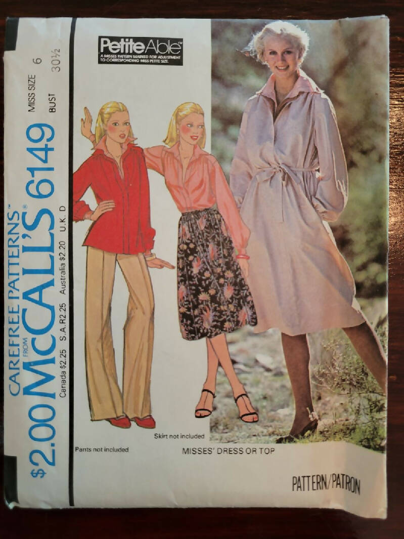 McCalls 6149 Vintage Misses Size 6 Blouse or Belted Dress Pattern, UC/FF