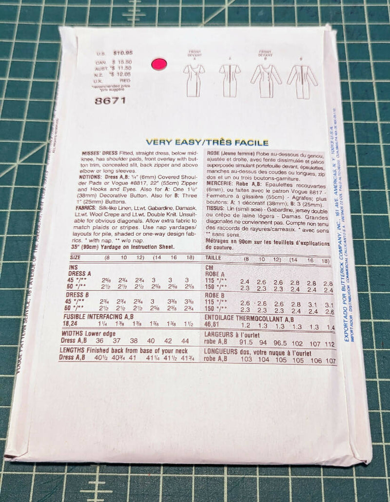 Vintage Vogue 8671 Very Easy Very Vogue Dress Pattern Sizes 8-12