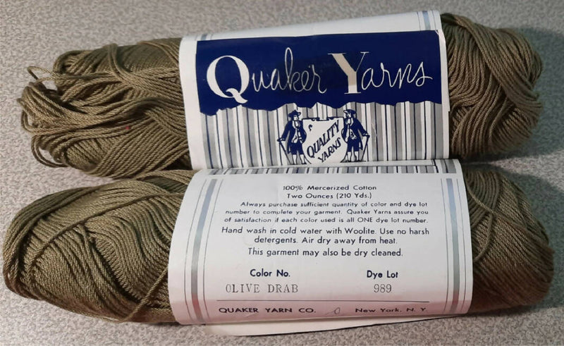 Vintage Quaker Yarns Dureen Cotton Cable Olive Drab Lot of 2 Skeins