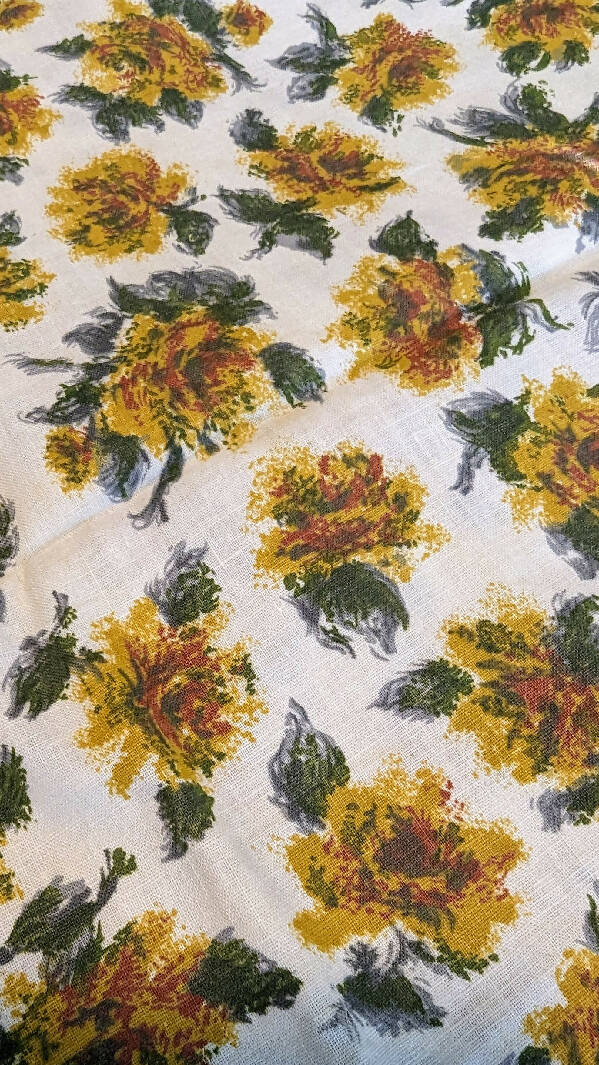 Vintage Painterly Yellow Roses Cotton Woven Fabric 35"W - 1 yd
