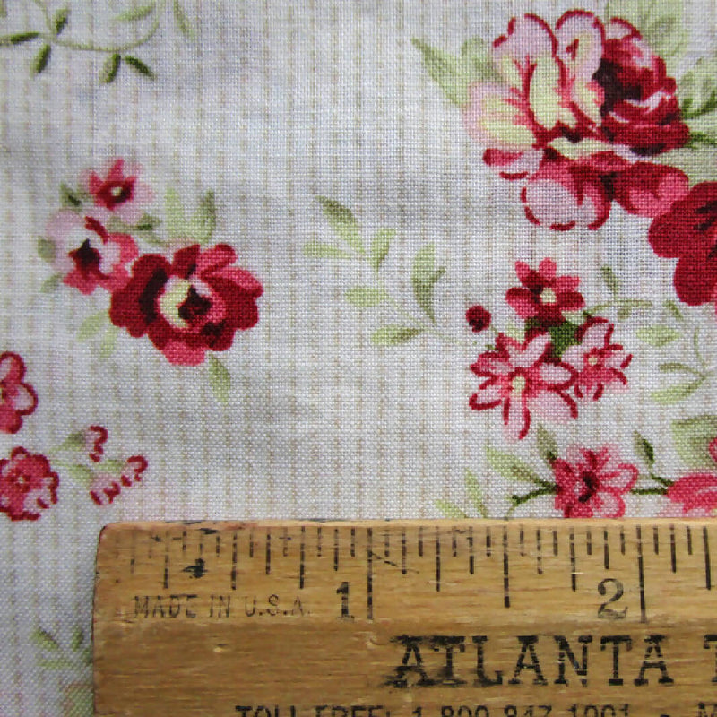 Floral Cotton Quilting Fabric, Dark Red Roses on Beige Stripes, 43" x 36"