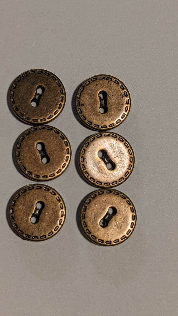Antique Gold Toned Metal 1/2" Round Buttons - Set of 6