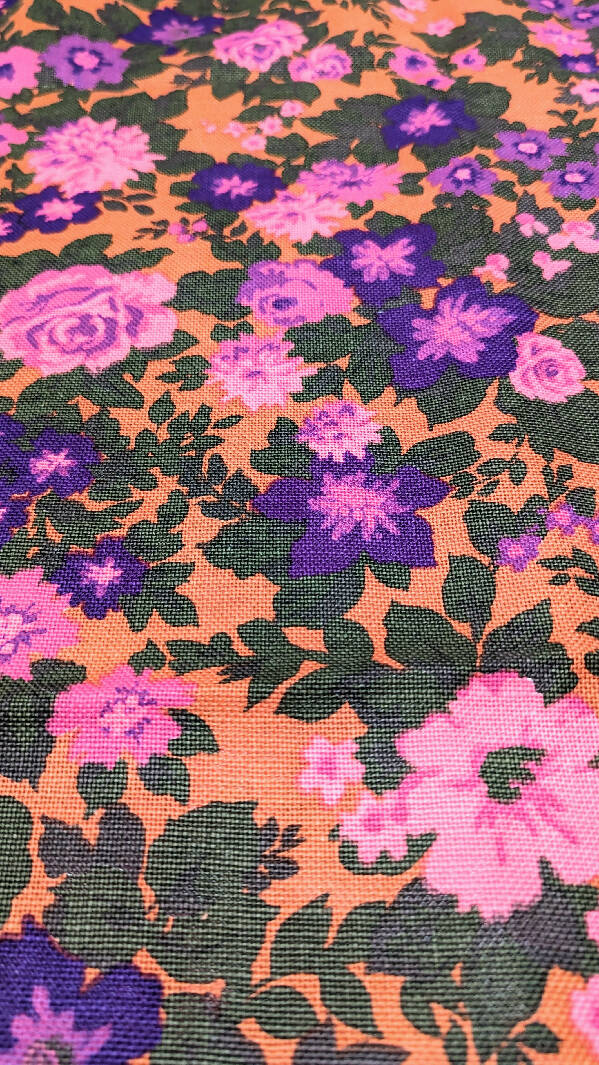 Vintage Orange/Pink/Purple Retro Floral Print Cotton Canvas Fabric 44"W - 2 1/2 yds