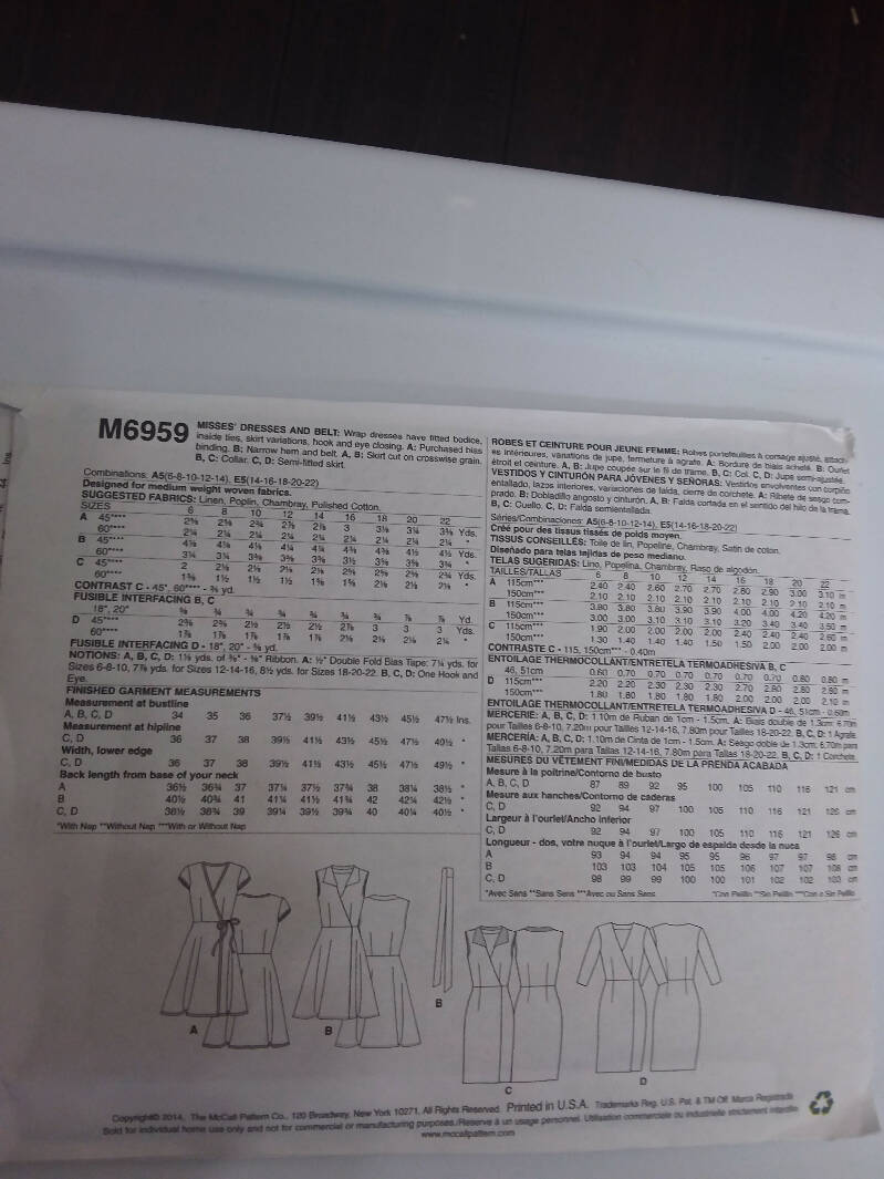 Mccalls 6959 wrap dress with twomskirt variations size 14 - 22 uncut