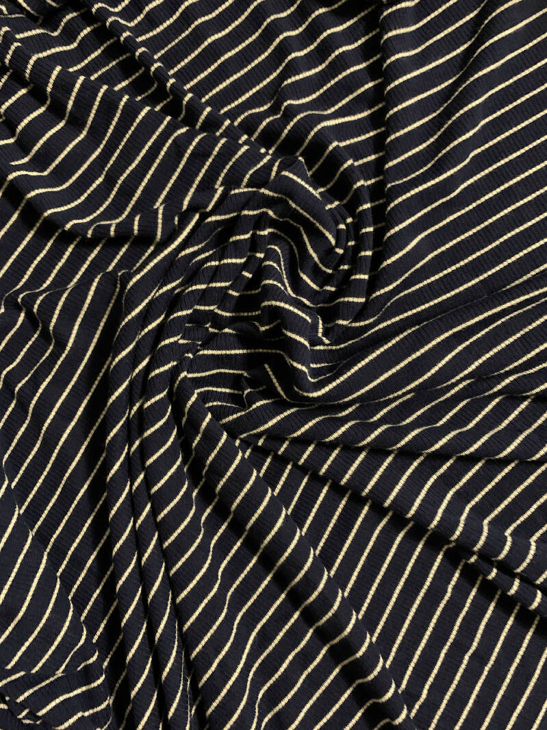 Navy/Cream Mini Rayon Rib Knit, horizontal strip, 4-way stretch, 2.5 yds, 54" wide