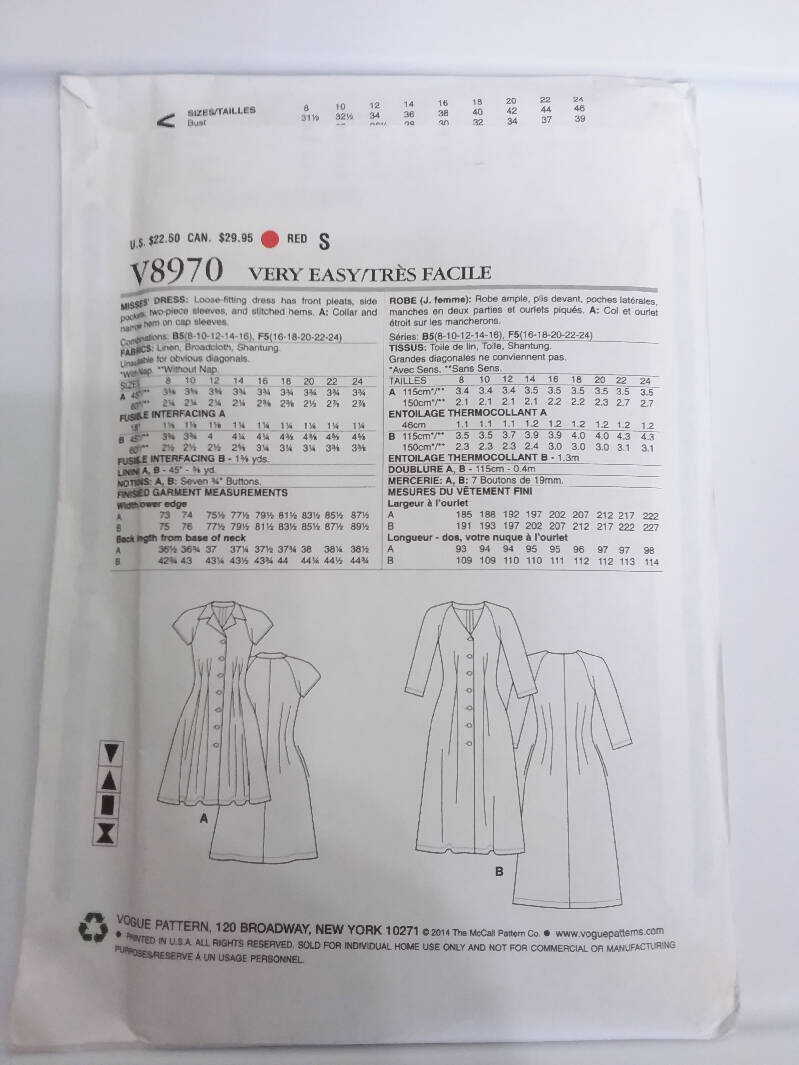 Vogue 8970 Very Easy Vogue Misses Dress Size 16 - 24 Uncut
