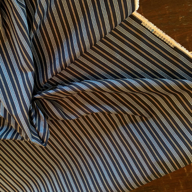 Navy Blue with Baby Blue, Tan and White Stripes Cotton - Yardage