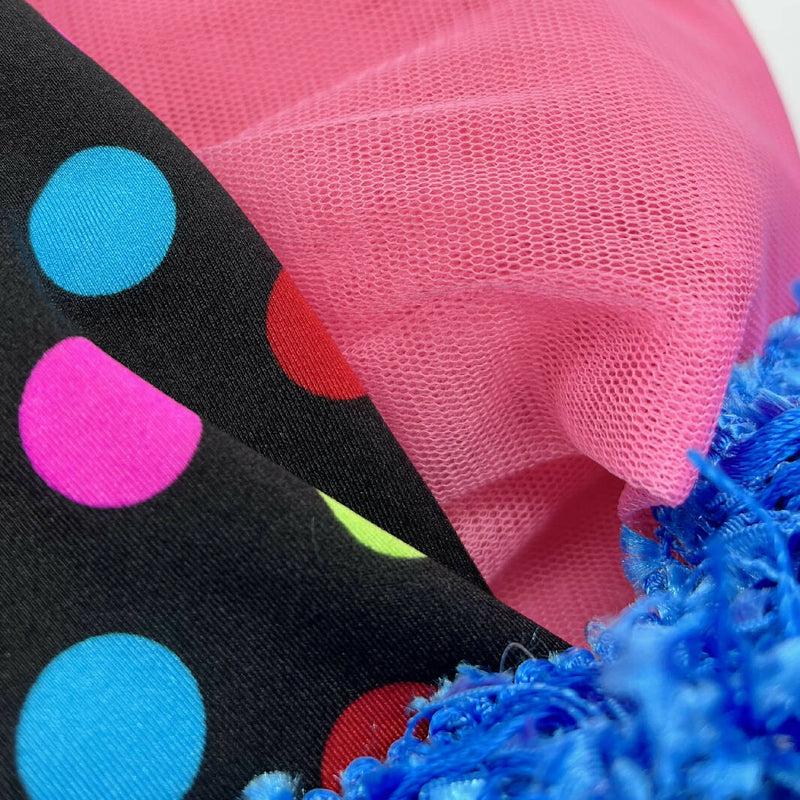 Polka Dot Polyester Spandex and Pink Netting with Trim