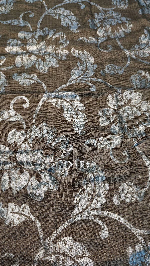 Taupe Brown Burlap-Look Silver Foil Floral Print Woven Home Decor Fabric - 35"L X 57"W